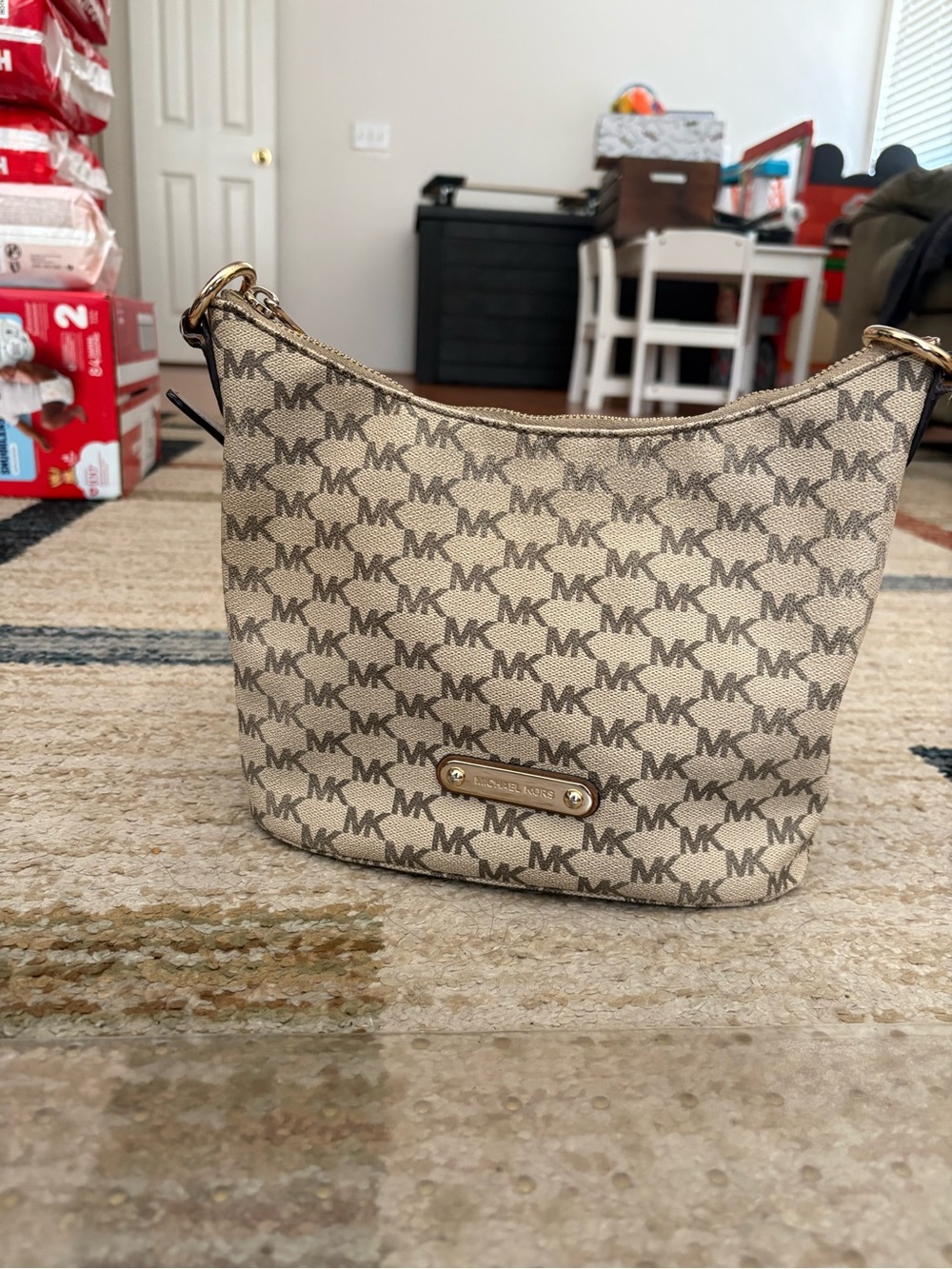 Michael Kors Beige and Brown MK Monogram Crossbody Bag